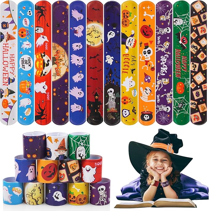Halloween Slap Bracelets for Kids Halloween Party Favors Friendship Bracelets Bulk for Halloween Party Supplies Snap Bracelet Gifts Classroom Prizes Exchanging Gifts (72)