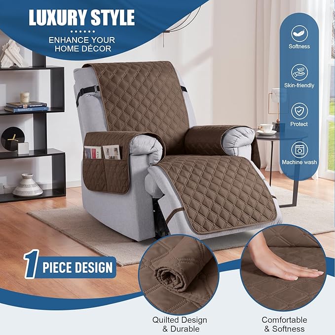 TAOCOCO 100% Waterproof Recliner Covers, Recliner Sofa Covers with Leg Straps, Reversible Recliner Couch Cover for Reclining Chair, Washable Couch Protector for Pets Kids(1 Seater 28", Brown)