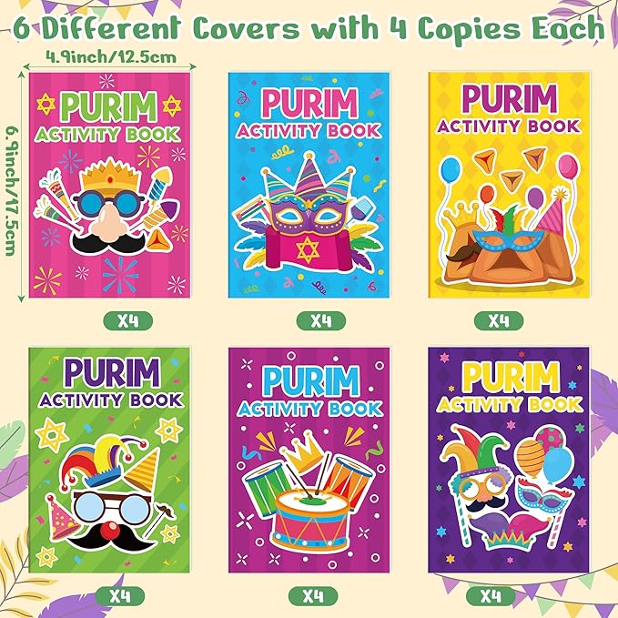 Purim Activity Books for Kids - 24Pcs Happy Purim Mini Games Coloring Book Set Bulk Mazes Word Search Word Scramble Games for School Classroom Jewish Carnival Holiday Reward DIY Art Gifts Party Favors