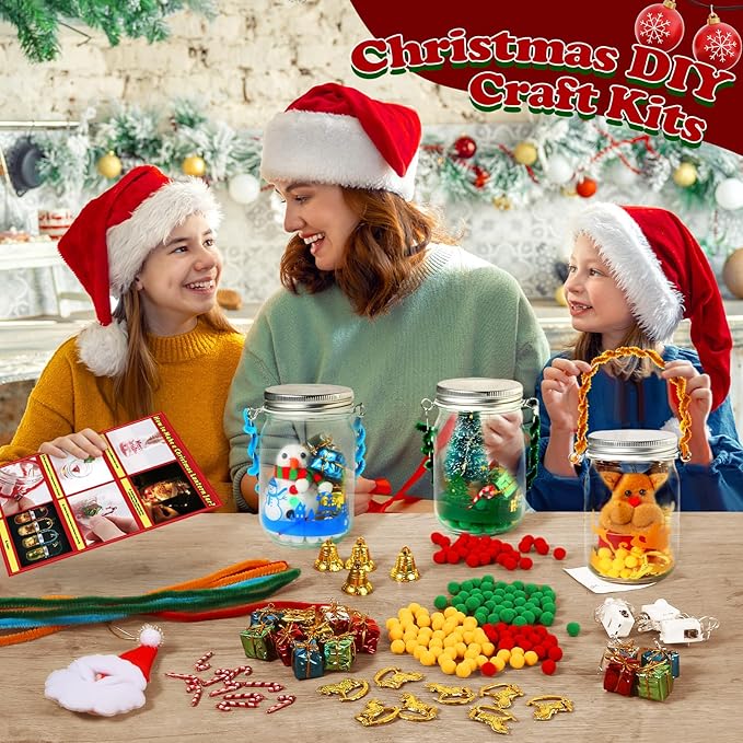 Christmas Crafts Activities For Kids Ages 3-12,4 Pack Glass Mason Jar for School Christmas Art Activities,Christmas Craft Supplies,DIY Lantern Jar for Gifts Christmas Party Favors,Classroom Prizes