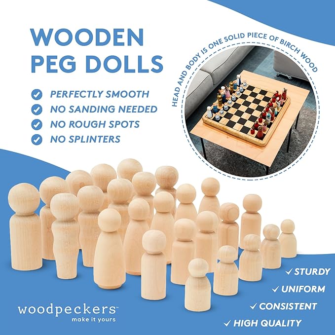 Wooden Peg Dolls 3-½", 5 Mom & 5 Dad Set, Unfinished Birch Wooden Figures for People Crafts & Wedding Cake Toppers, by Woodpeckers