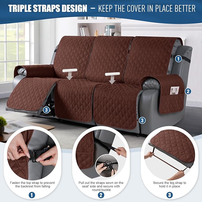TAOCOCO 100% Waterproof Recliner Covers, Recliner Sofa Covers with Leg Straps, Reversible Recliner Couch Cover for Reclining Chair, Washable Couch Protector for Pets Kids(3 Seater, Coffee)