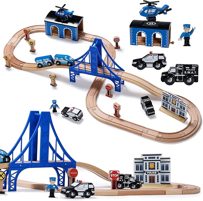 SainSmart Jr. Wooden Train Set - Interactive Police Playset for Kids | Building Toy with Train, Figures & Accessories | Compatible with Brio, Thomas, Melissa and Doug | Educational STEM Gift