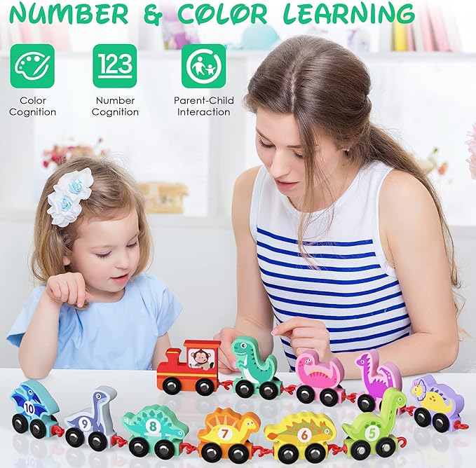 Dinosaur Toys for Toddlers Age 2-4, Wooden Dinosaur Train Set with Playmat/Storage Bag, Montessori Educational Toys for 2+ Years Old Boys & Girls