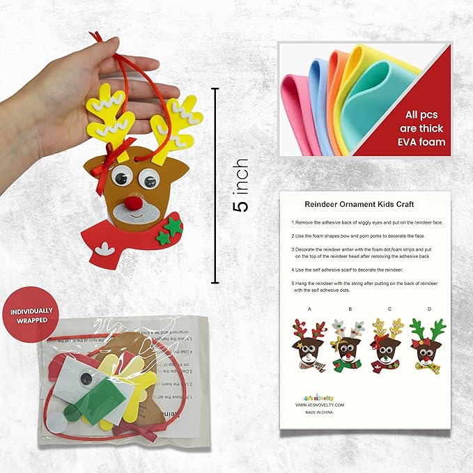 4E's Novelty Reindeer Christmas Ornament Craft for Kids (12 Pack) Updated Edition - Foam Bulk Arts and Crafts Kit for Kids Toddlers 4-8 DIY Craft Party Favor Activity Project