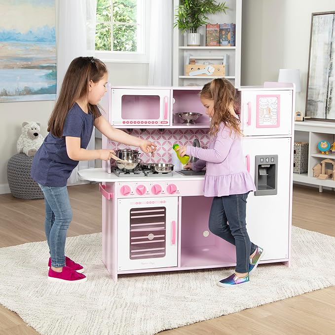 Melissa & Doug Wooden Chef’s Pretend Play Toy Kitchen With “Ice” Cube Dispenser – Cupcake Pink/White - FSC Certified