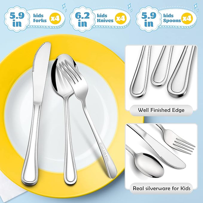 E-far 12-Piece Kids Silverware, Stainless Steel Toddler Kids Utensils Safe for Preschooler/Children, Includes 4 Forks 4 Spoons 4 Knife, Slimline Adult Look & Small Size, Rust Free & Dishwasher Safe