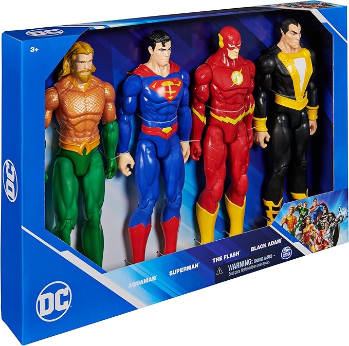 DC Comics, Action Figure 4-Pack, Aquaman, Superman, The Flash, Black Adam, 12-inch, Collectible Superhero Kids Toys for Boys and Girls, Ages 3+