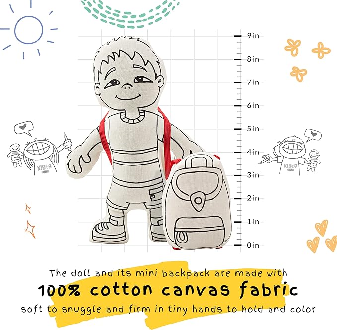 Color Your Doll - Boy Doll with Pocket & Backpack - Washable Markers Included - Educational Art & Crafts Toy for Kids - Reusable, Color, Play, Wash, Repeat - Creative Gift