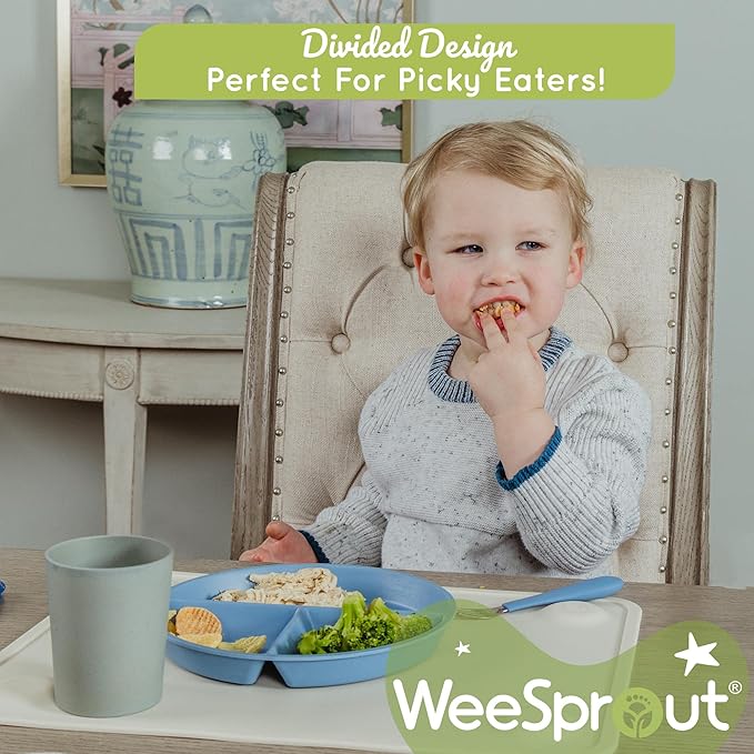 WeeSprout Divided Bamboo Plates for Kids, Kids Plates Made With Food Grade Natural Bamboo, Divided Design for Picky Eaters, Kid-Sized Reusable Tableware, Dishwasher Safe Dinnerware, Set of 4
