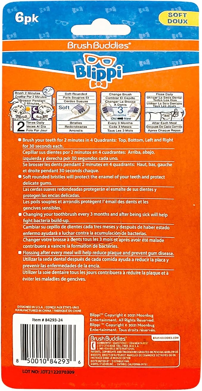 Brush Buddies Blippi Kids Toothbrushes, Manual Toothbrushes for Kids, Toothbrush for Toddlers 2-4 Years, Blippi Childrens Toothbrush, Soft Toothbrushes, 6PK