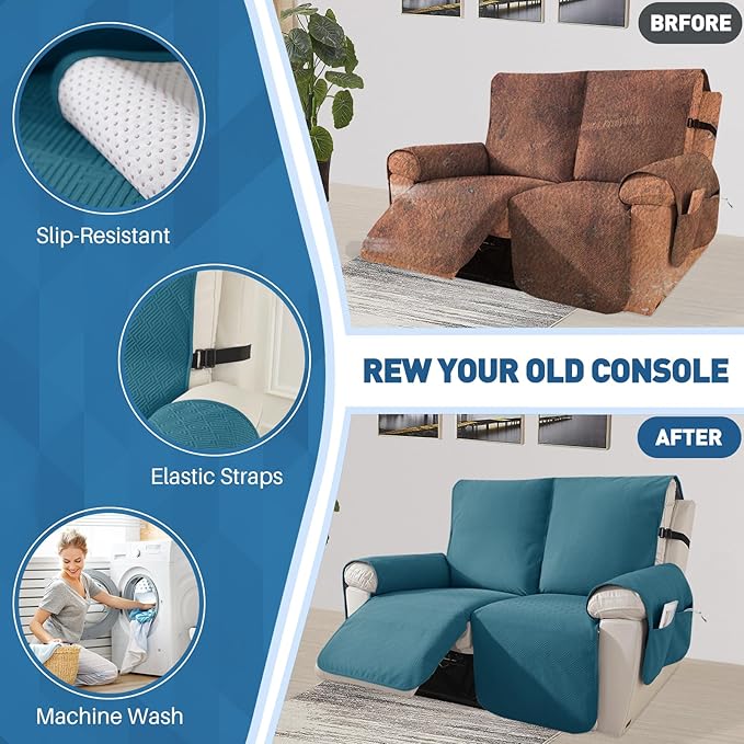 Easehomey Water Resistant Loveseat Recliner Cover Non Slip Sofa Cover for Reclining Sofa 2 Seat, Recliner Couch Cover Furniture Protector for Kids Pets with Elastic Band Pocket(Peacock Blue, 2 Seater)