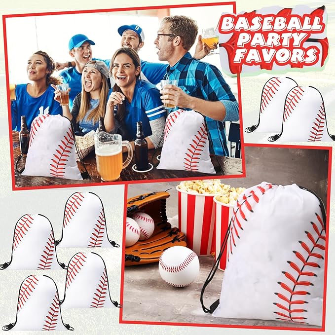 Poen 48 Pcs Baseball Party Favors Baseball Themed Supplies Include 12 Baseball Drawstring Backpack 12 Mini Baseball 12 Baseball Keychain 12 Baseball Wax Thread Braided Bracelet Inspirational Team Gift