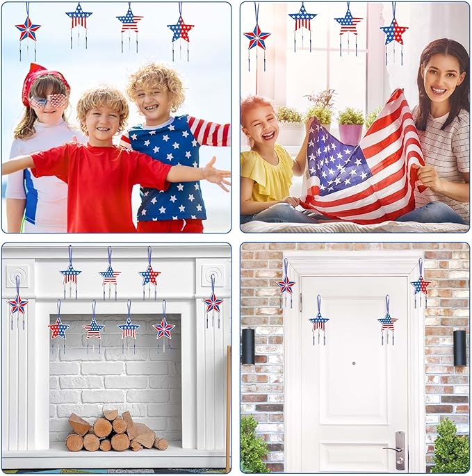 Fennoral 12 Pack Star Wind Chime Kit for Kids Make You Own Patriotic Star Wind Chimes DIY Colorful 4th of July Craft for USA Independence Day Ornaments 4th of July Art Activity