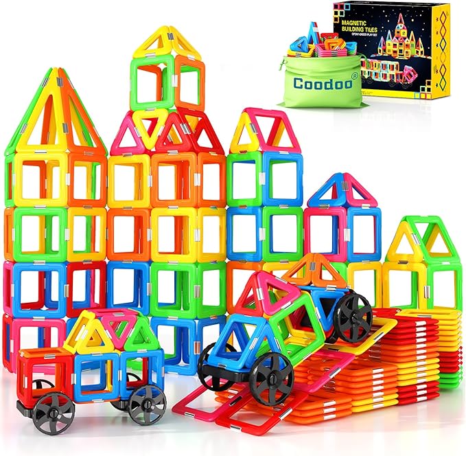 Coodoo Magnetic Tiles with 2 Cars Magnetic Toys for 3 4 5 6 7 8+ Year Old Boys Girls, Magnetic Blocks Building Set for Toddlers STEM Creativity Educational Toys for Kids Age 3-6