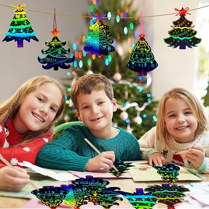 JULMELON 36 PCS Christmas Scratch Art, Christmas Crafts for Kids Magic Rainbow Scratch Paper Cards Christmas Tree Hanging Ornaments Decorations DIY Winter Holiday Party Favors