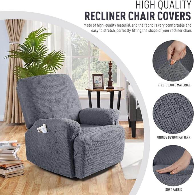 KinCam Recliner Covers, Stretch Reclining Chair Covers, Recliner Sofa Slipcovers Stripe Jacquard Recliner Couch Covers Furniture Protector Covers for Pet Kid (1 XL Seater, Dark Gray)