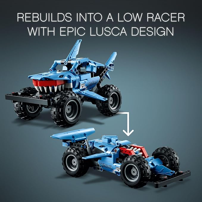 LEGO Technic Monster Jam Megalodon Building Set, 2 in 1 Pull Back Shark Truck to Lusca Low Racer Car Toy, DIY Building Toy Ideas for Outdoor Play for Kids, Boys, and Girls Ages 7 and Up, 42134