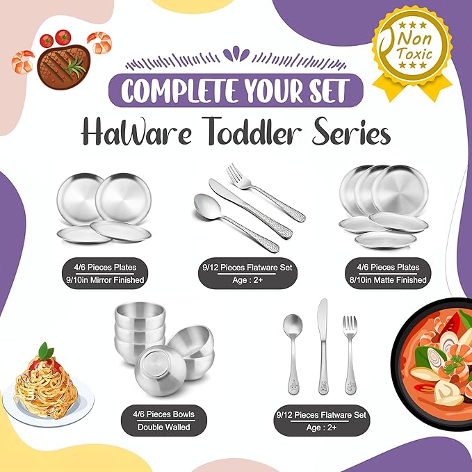 HaWare 12-Piece Kids Silverware, Stainless Steel Toddler Utensils Flatware Set, Preschooler Eating Utensils Includes 4 Spoons 4 Forks 4 Knives, Metal Children Cutlery for Home School, Mirror Finished