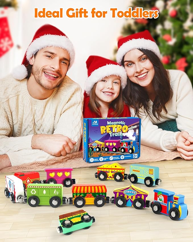 Vanmor Wooden Magnetic Train Set for Toddlers,10-Piece Educational Toy Cars with Magnets, Includes Storage Bag, Skill-Building Wooden Trains for Boys & Girls, for Kids 3-5 and 4-8 Years