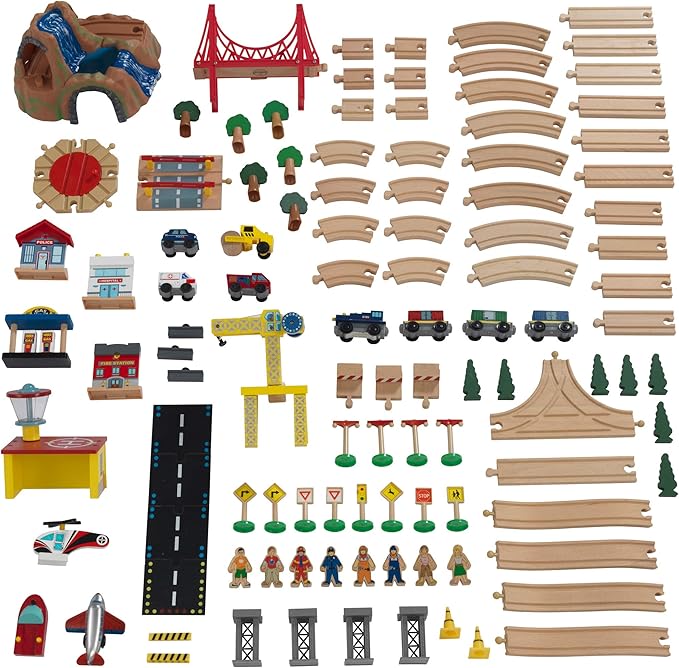 KidKraft Adventure Town Railway Wooden Train Set & Table with EZ Kraft Assembly™ with 120 Accessories and Storage Bins, Gift for Ages 3+