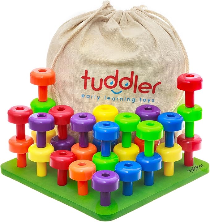 Toddler Peg Board Sensory Toys/Montessori Toys for Toddlers/Fine Motor Skills Toys/Educational Toys / 30 Pieces Stackable Pegs + Pattern Card + Drawstring Backpack + E-Book