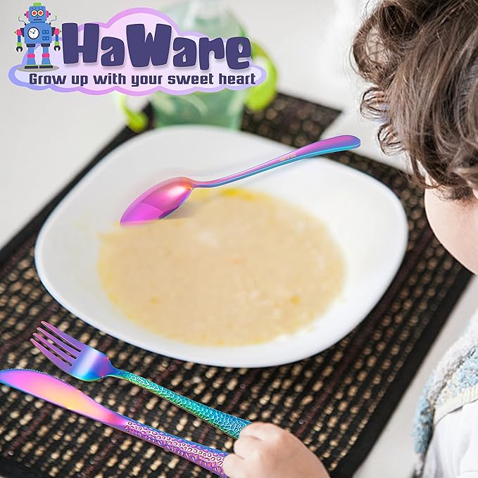 HaWare 9-Piece Toddler Kids Silverware Set, Stainless Steel Hammered Flatware, Preschooler Eating Utensils Includes 3 Spoons 3 Forks 3 Knives, Metal Children Cutlery for Home School, Mirror Finished