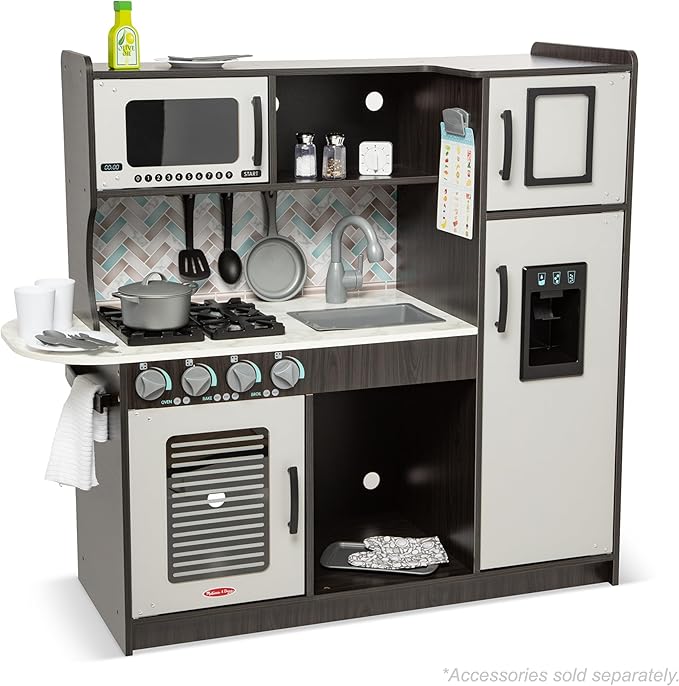 Melissa & Doug Wooden Chef’s Pretend Play Toy Kitchen With “Ice” Cube Dispenser – Charcoal Gray - Kitchen Play Set For Toddlers And Kids Ages 3+