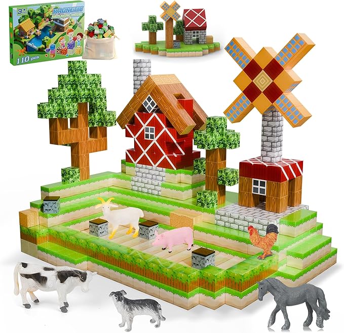 Magnetic Blocks 110PCS with 6 Animal Toys, Farm Building Blocks Set, Toys for Boys & Girls Age 4-6, 6-8, Stacking Building Toys for Toddlers Sensory Toy for Kids 3+