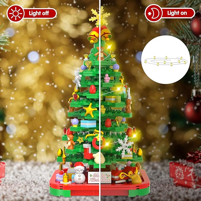 Christmas Tree Building Blocks Kit with Lights, Compatible with Lego Christmas Tree Toy Building Sets, Creative Christmas Decor Building Toys for 6+ Year Old Boys/Girls