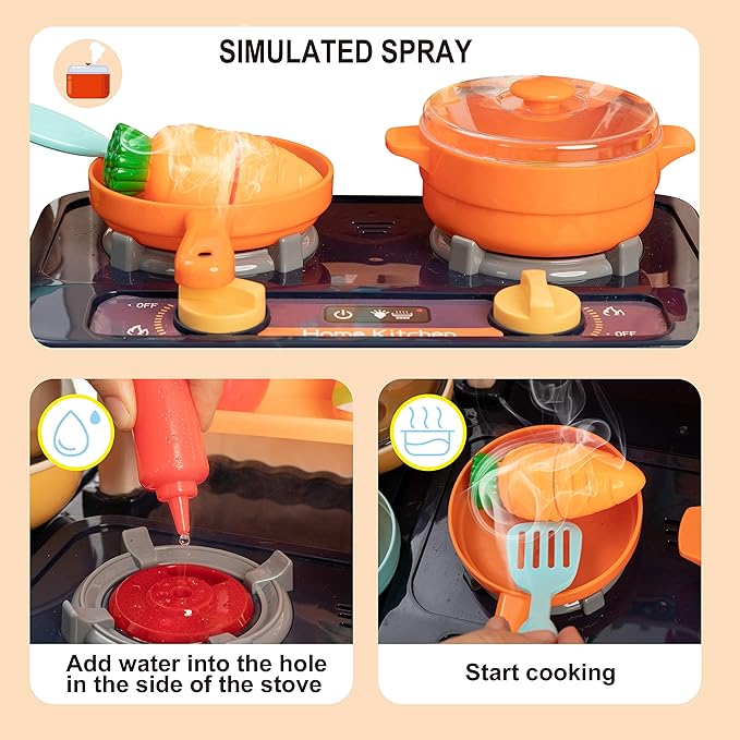 JOYIN 65PCS Kids Kitchen Playset (Easy Assembly), Play Kitchen with Realistic Lights & Sounds, Simulation of Spray, Play Sink with Running Water, Dessert Shelf Toy & Kitchen Accessories Set