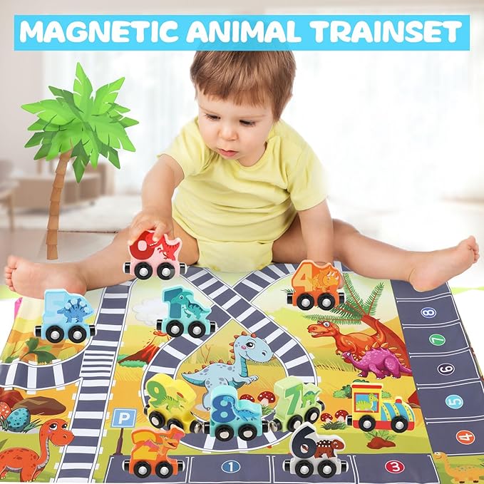 Wooden Dinosaur Magnetic Train Set for Toddlers 2-4 Dinosaur Toys for Kids Train Toys for Toddlers 3-5 Magnetic Train Car Toys for Toddlers