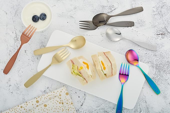 ANNOVA Kids Silverware 6 Pieces Children's Safe Flatware Set Stainless Steel - 3 x Forks, 3 x Children Dinner Spoons, Toddler Utensils, Metal Cutlery Set for LunchBox (Engraved Dog Bunny)