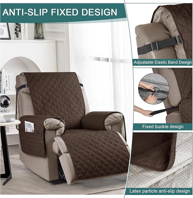 Ruaozz 100% Waterproof Recliner Chair Cover Non-Slip Reclining Cover for Recliner Chair Washable Chair Seat Cover with Elastic Straps for Kids, Dogs, Pets (Dark Brown, 23'')