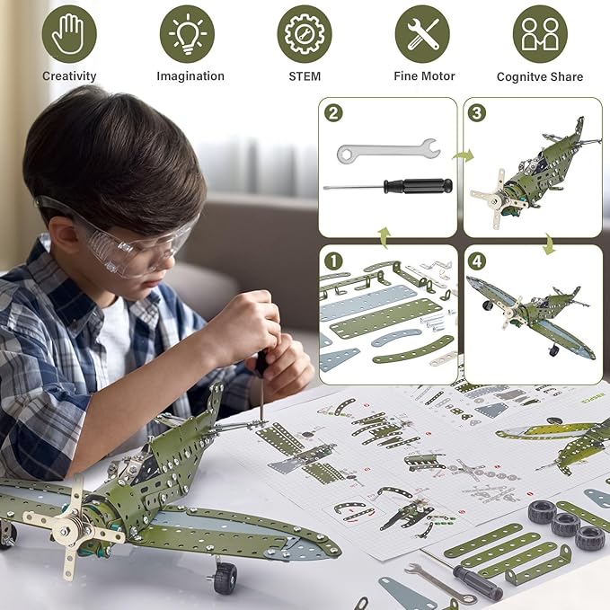 LILCRUIBAO STEM Projects for Kids Ages 8-12 12-16, 258 Pieces Erector Sets Airplane Model kit, Model Aircraft Metal Building Toys Birthday Christmas Gifts for 10-14 Year Old and Up Boys Girls Adults
