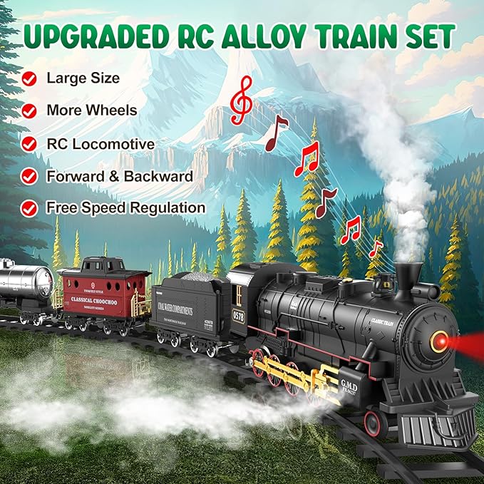 Hot Bee Train Set for Boys, Alloy Remote Control Train Toys with Steam Locomotive Cargo Cars Tracks, Trains with Realistic Smoke Sound Lights,Christmas Train Toys Gifts for 3 4 5 6 7 8+ Years Old Kids
