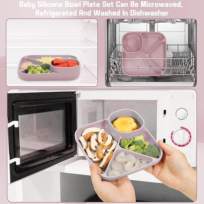 Silicone Baby Feeding Set, Baby Led Weaning Supplies, Silicone Suction Plate, Bowl, Spoons, Fork, Waterproof Bib, Cup and Food Tableware, Eating Utensils Baby Feeding Essentials for 3+ Months