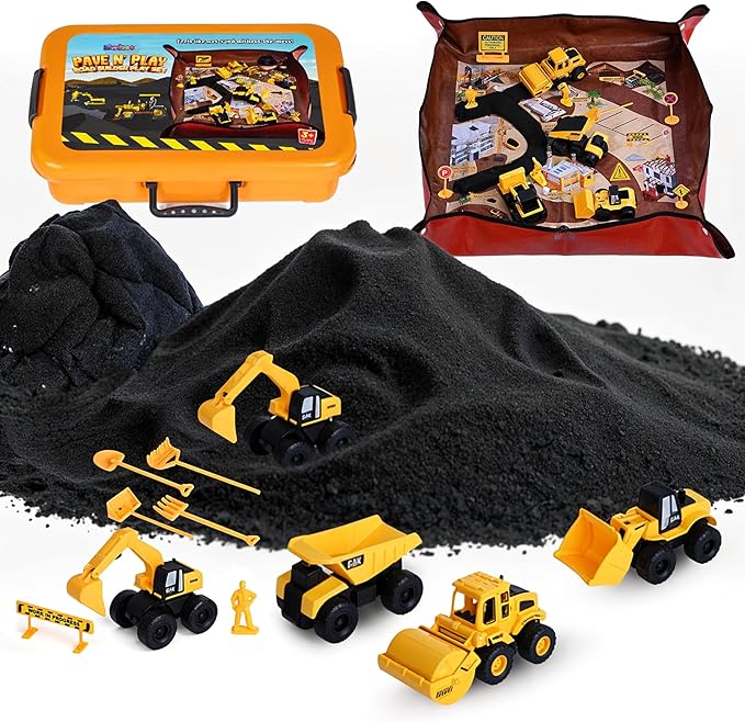Sensory Play Construction Sand Kit, 2lbs Sensory Sand, Interactive Mat for Mess-Free Play, 22 Piece 5 Trucks 7 Signs 4 Work Figures 6 Tools, Sandbox Toys for Boy Girl Kid Toddlers Age 3+