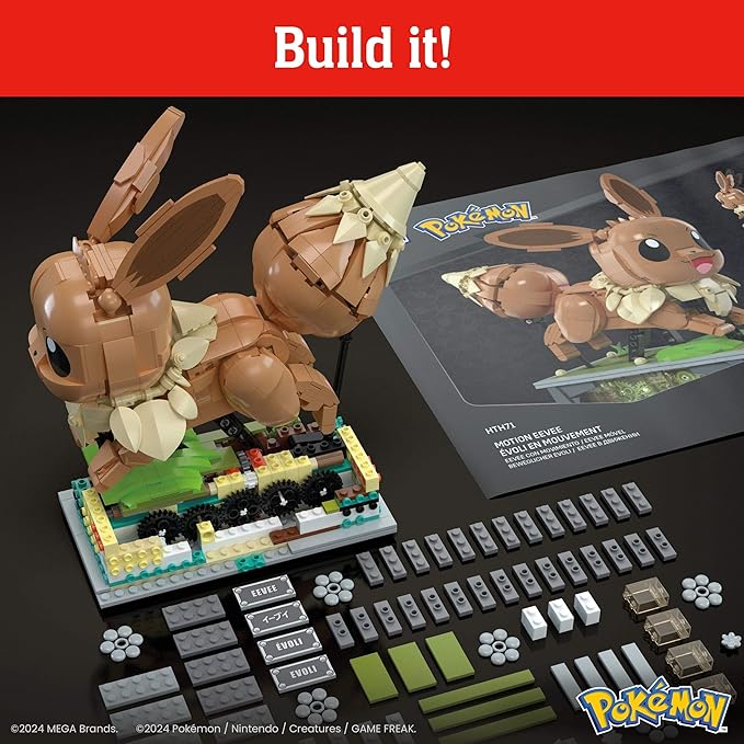 Mega Pokémon Action Figure Building Set, Motion Eevee with 1366 Pieces, Turn Crank for Running Movement, Build & Display Toy for Collectors