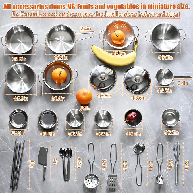 Mini Size Kids Kitchen Pretend Play Toys Accessories with Stainless Steel Cookware Pots and Pans Set,Classic Kitchen Accessories Cooking Utensils Set Tiny Role Play Cooking Play Toy for Kids Toddlers