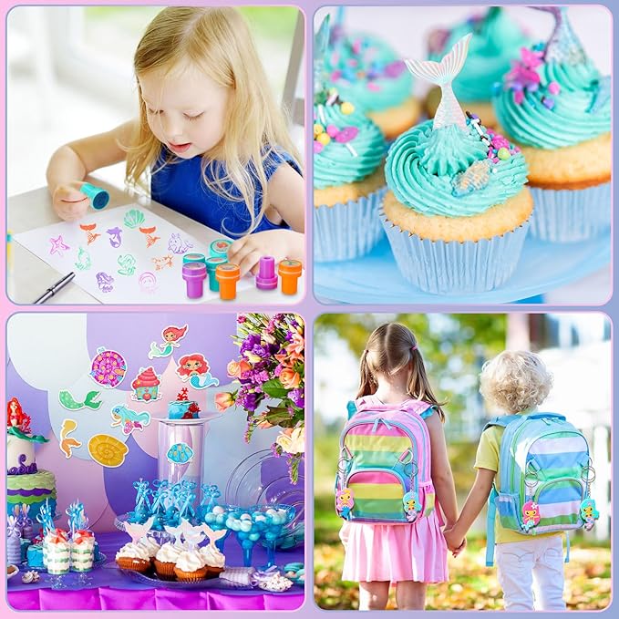 Qilery 267 Pcs Mermaid Party Unicorn Party Dinosaur Party Shark Party Favors Includes Plastic Cup with Lid Straw Keychain Bracelet Ring Stamper Stickers Tag For Party Favors Piñata Filling (Mermaid)