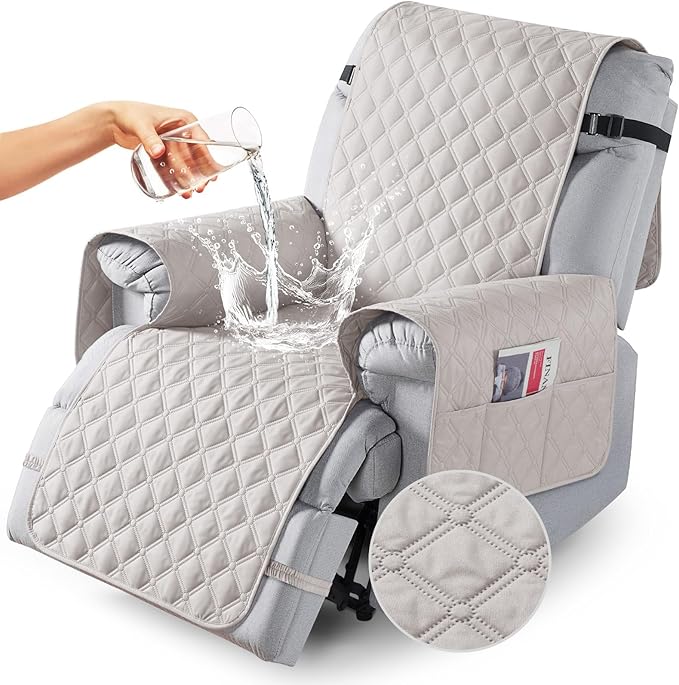 TAOCOCO 100% Waterproof Recliner Covers, Recliner Sofa Covers with Leg Straps, Reversible Recliner Couch Cover for Reclining Chair, Washable Couch Protector for Pets Kids(1 Seater 28", Off Whit)