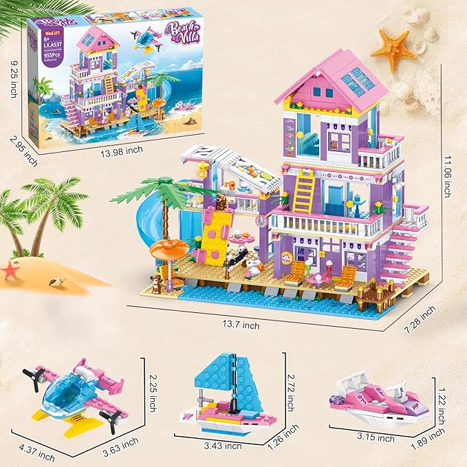 955 Piece Beach House Building Set,Seaside Beach Villa Building Toys Friends Vacation Hut Blocks Set,STEM BuildingToys with Helicopter,Yacht,Sailboat,Christmas Birthday Gift for Girl Age 6-12+