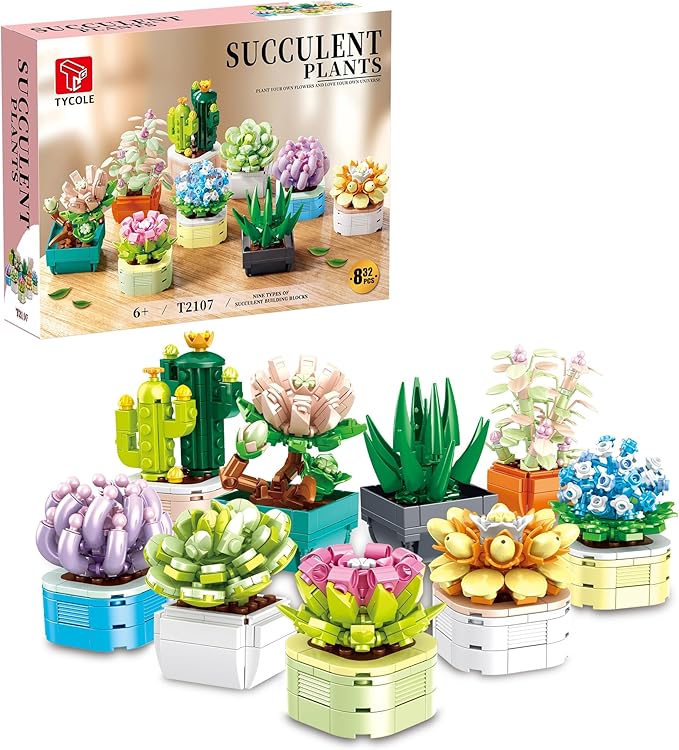TYCOLE Tiny Flowers Succulents Artificial Plant Set-Creative Botanical Building Block 9 in 1 Toy, Botanical Collection for Office&Home Decor,Christmas Birthday Gift for Adults and Kids 8-12(832 PCS)