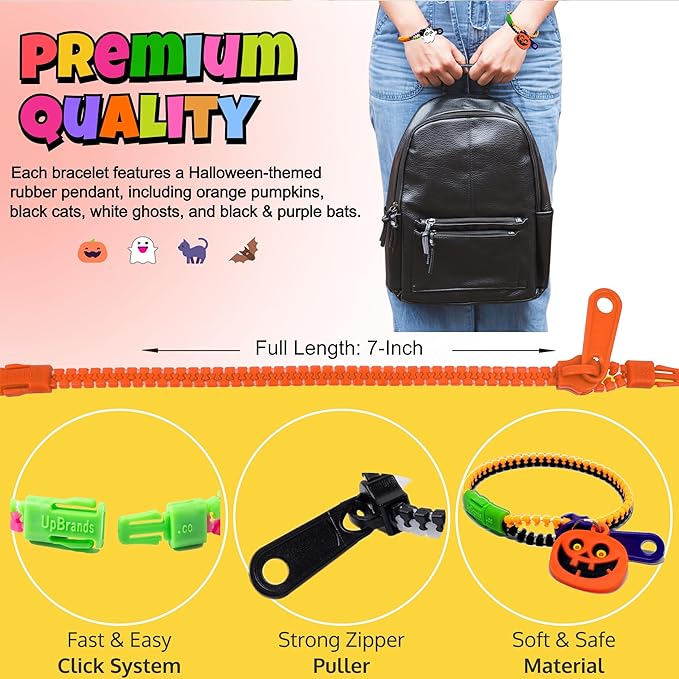 UpBrands 96 Pack Halloween Zipper Bracelets: Non-Candy Treats, Fidget Toys for Stress Relief, Ideal Party Favors & Gifts for Kids | Perfect Addition to Halloween Decorations & Themed Birthday Parties.