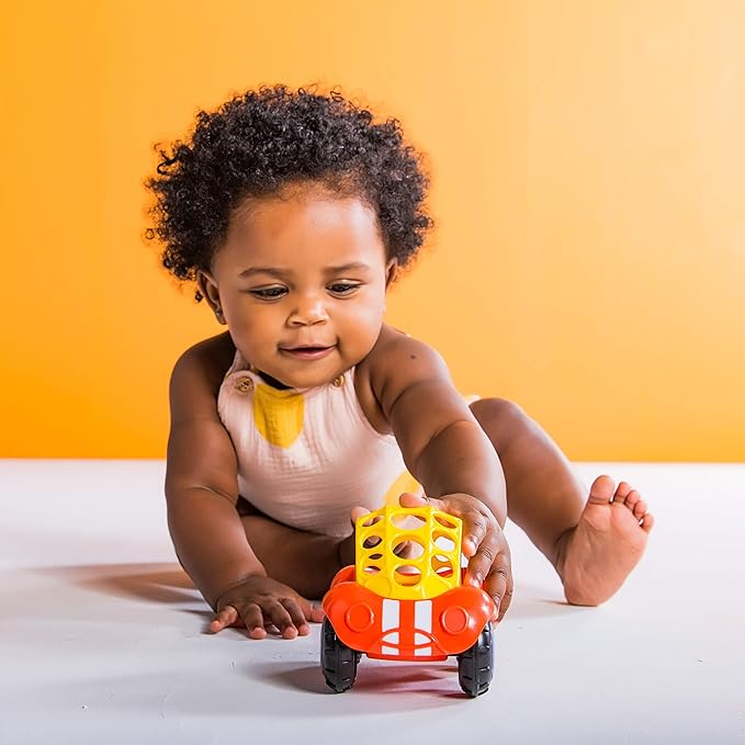 Bright Starts Oball Easy Grasp Rattle & Roll Buggie BPA-Free Push Car Infant Crawling Toy, 1 Pack, Age 3 Months and up, Red/Yellow