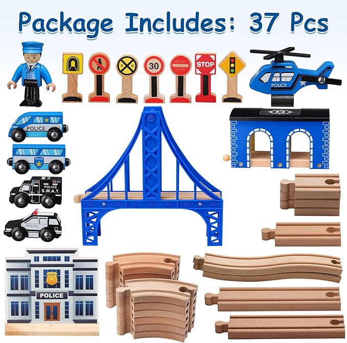 SainSmart Jr. Wooden Train Set - Interactive Police Playset for Kids | Building Toy with Train, Figures & Accessories | Compatible with Brio, Thomas, Melissa and Doug | Educational STEM Gift