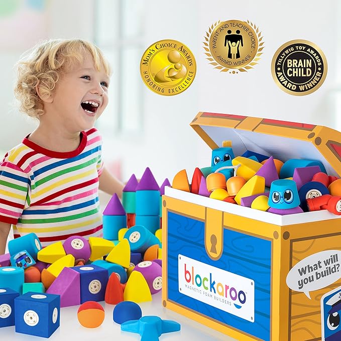 Magnetic Foam Blocks – STEM Preschool Toys for Children, Toddlers, Boys and Girls, The Ultimate Bath Toy – 100 Piece Set with Toy Chest, Bath Building Blocks, Engineering Toys for Kids 3-6