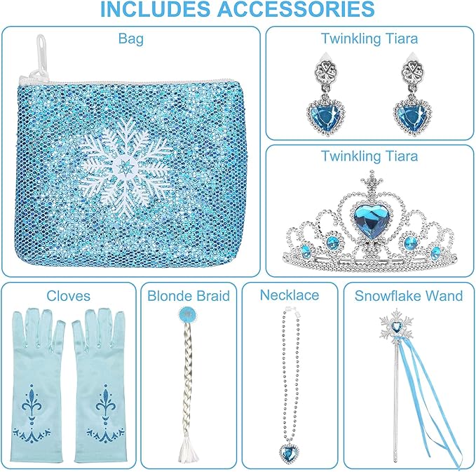 Princess Dress Fancy Costume for Girls Birthday Party Dress Up Cosplay with Wig Gloves Jewelry Cloak Purse Crown Wand Blue