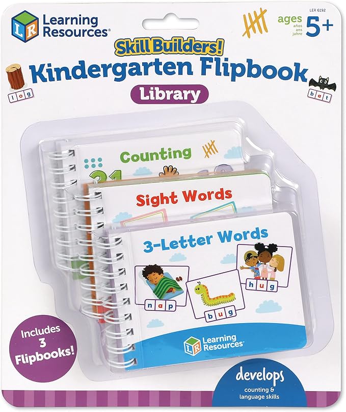 Learning Resources Skill Builders! Kindergarten Flipbook Library - Kindergarten Learning Activities, Spelling and Counting for Kids, My First Library for Kids,Back to School, Ages 5+,3 Pieces